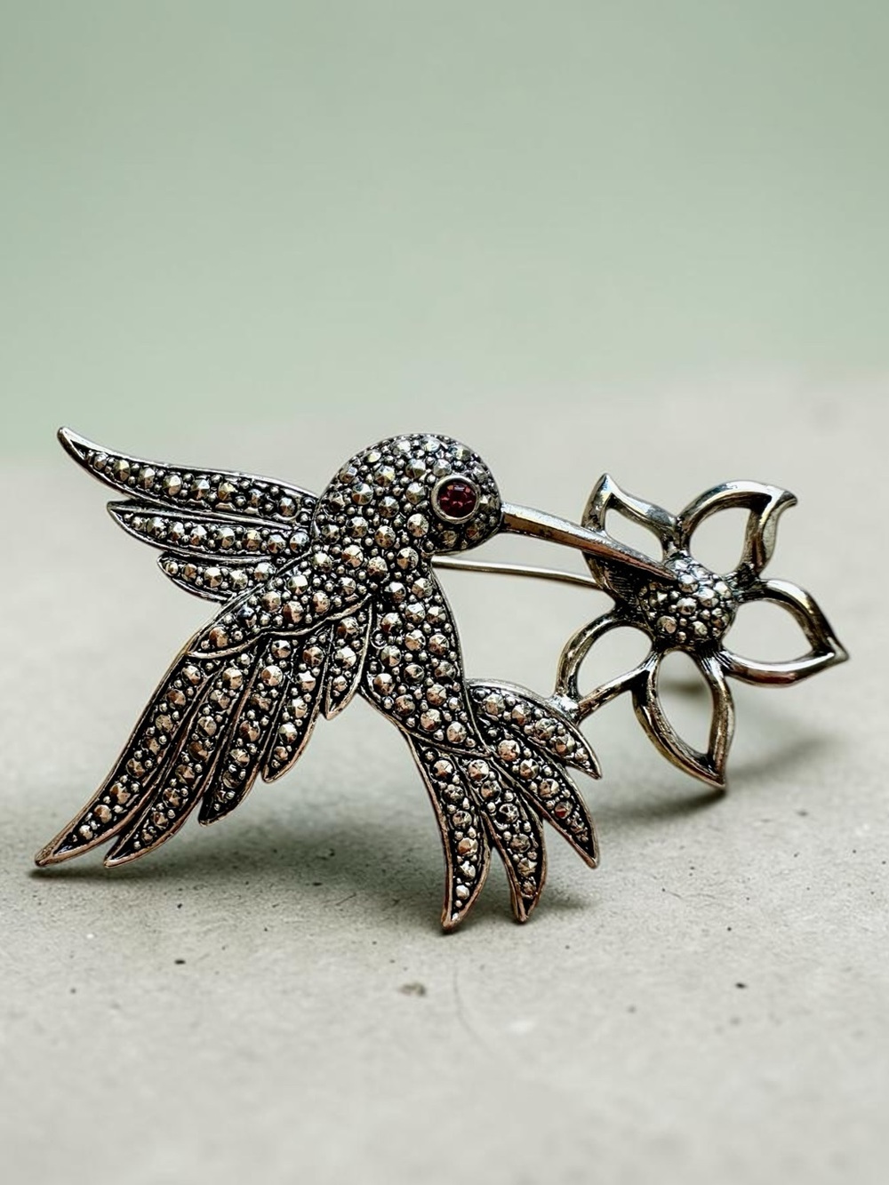 AVON Hummingbird Brooch Flower Silver Tone Faux Marcasite Rhinestone Eye Vintage